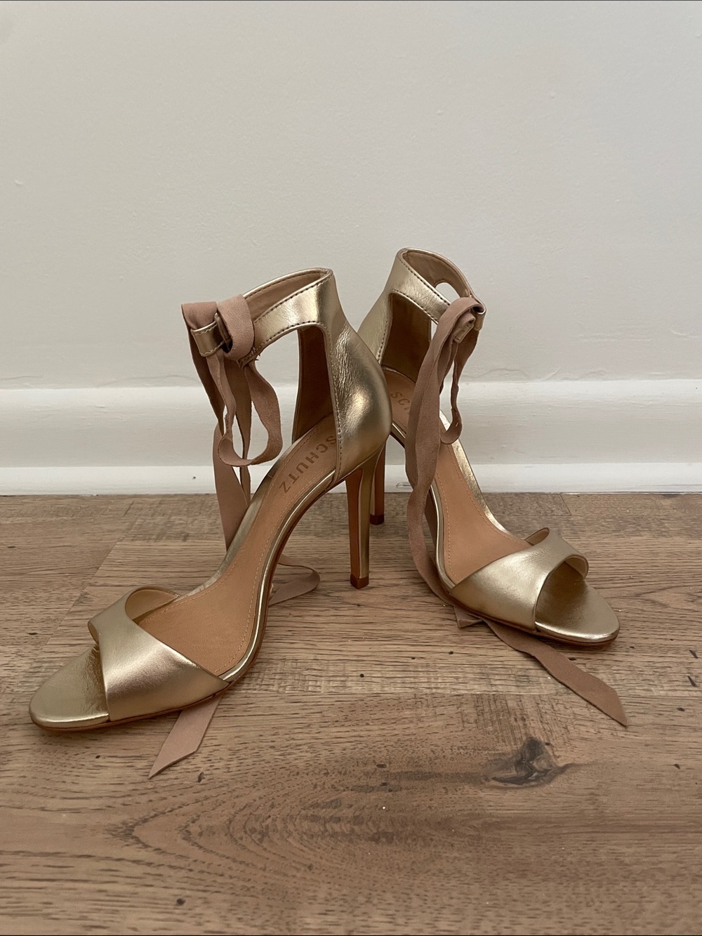 SCHUTZ Gold Ribbon-Tie Stiletto Sandals